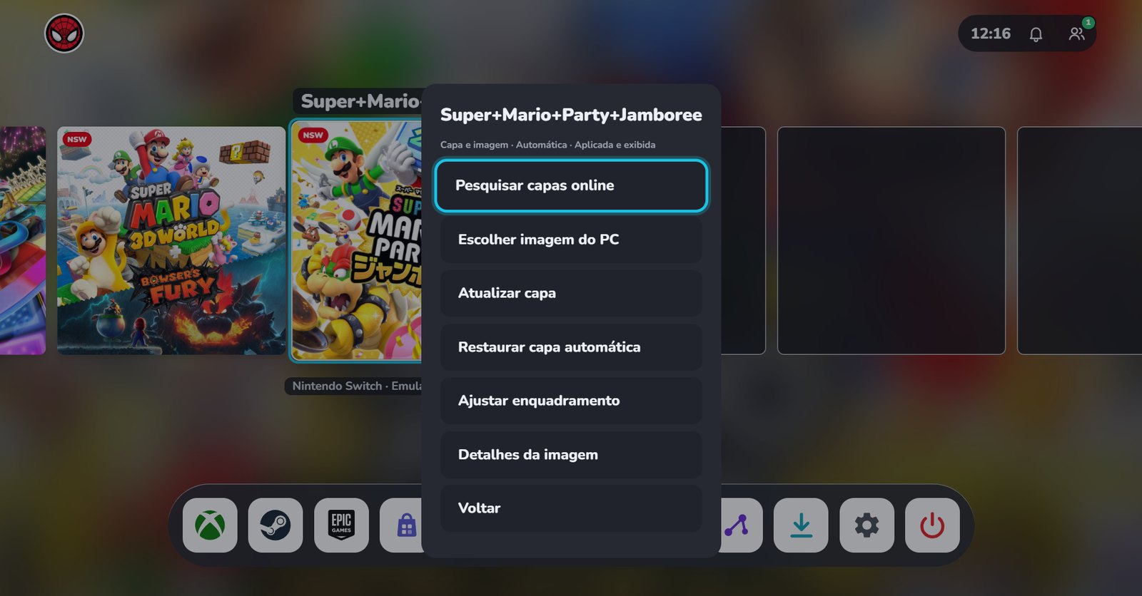 Menu de capa de um jogo com pesquisar capas online, escolher imagem do PC e ajustar enquadramento