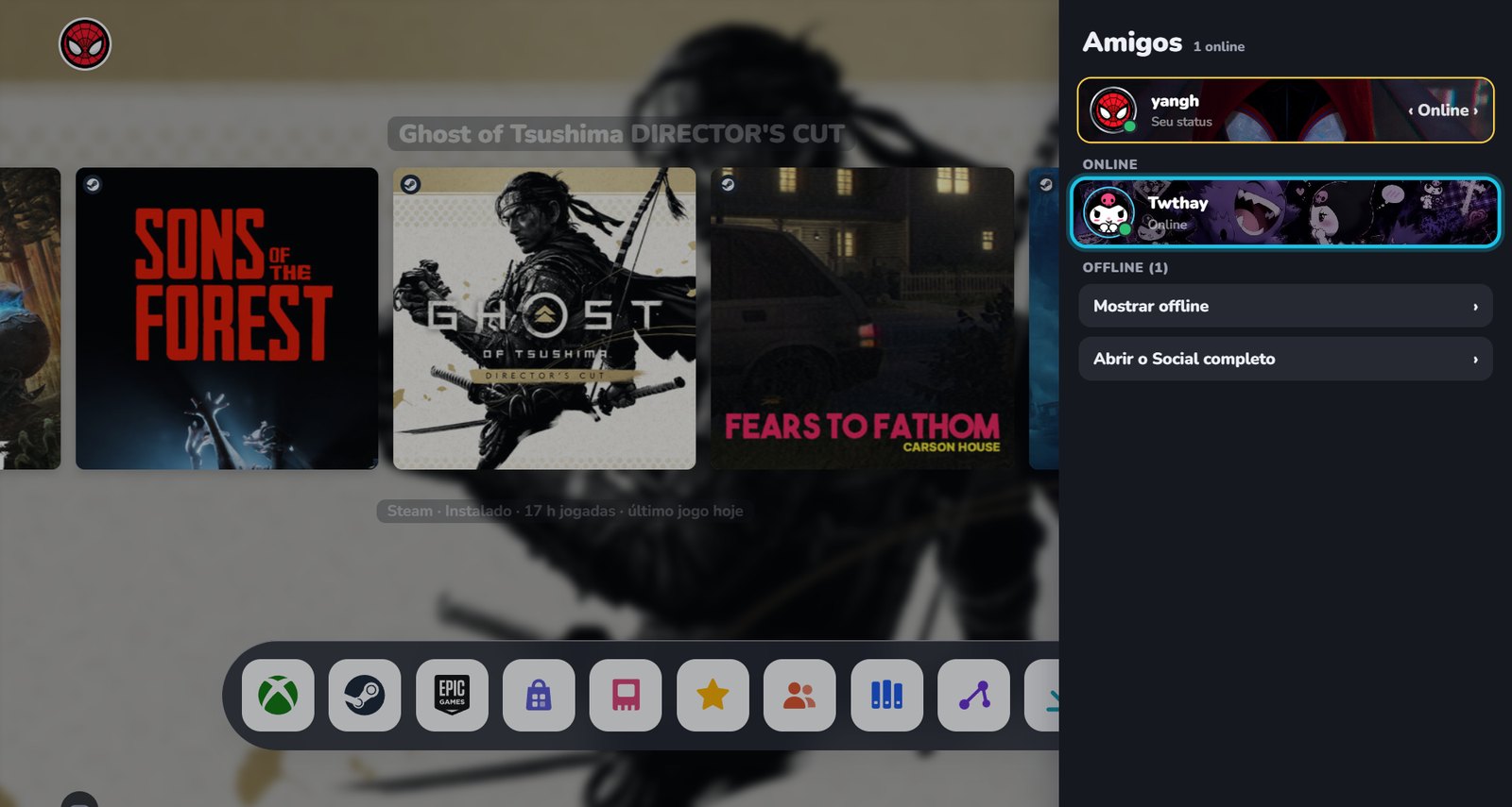 Painel de amigos aberto na HOME com miniperfis personalizados